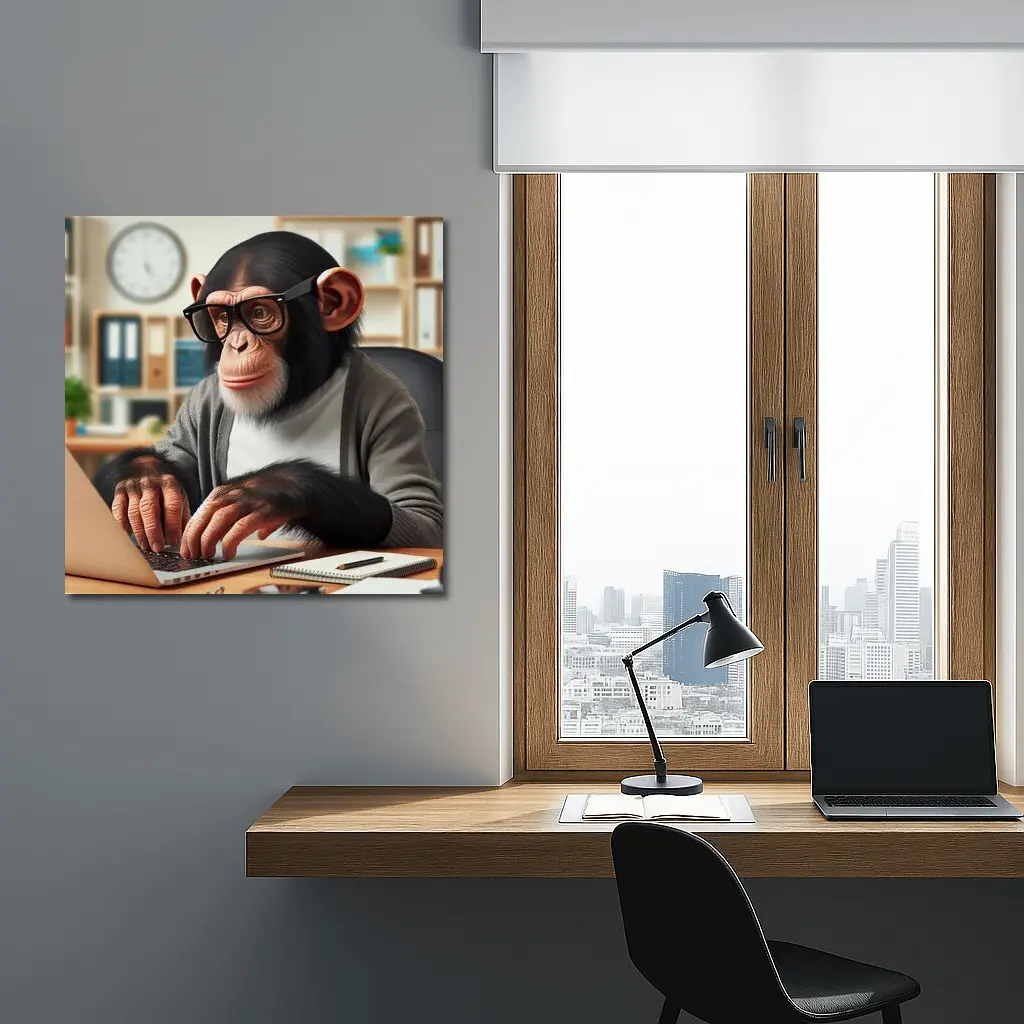 Chimpanzee Working on Laptop Office Setting – Wall Art