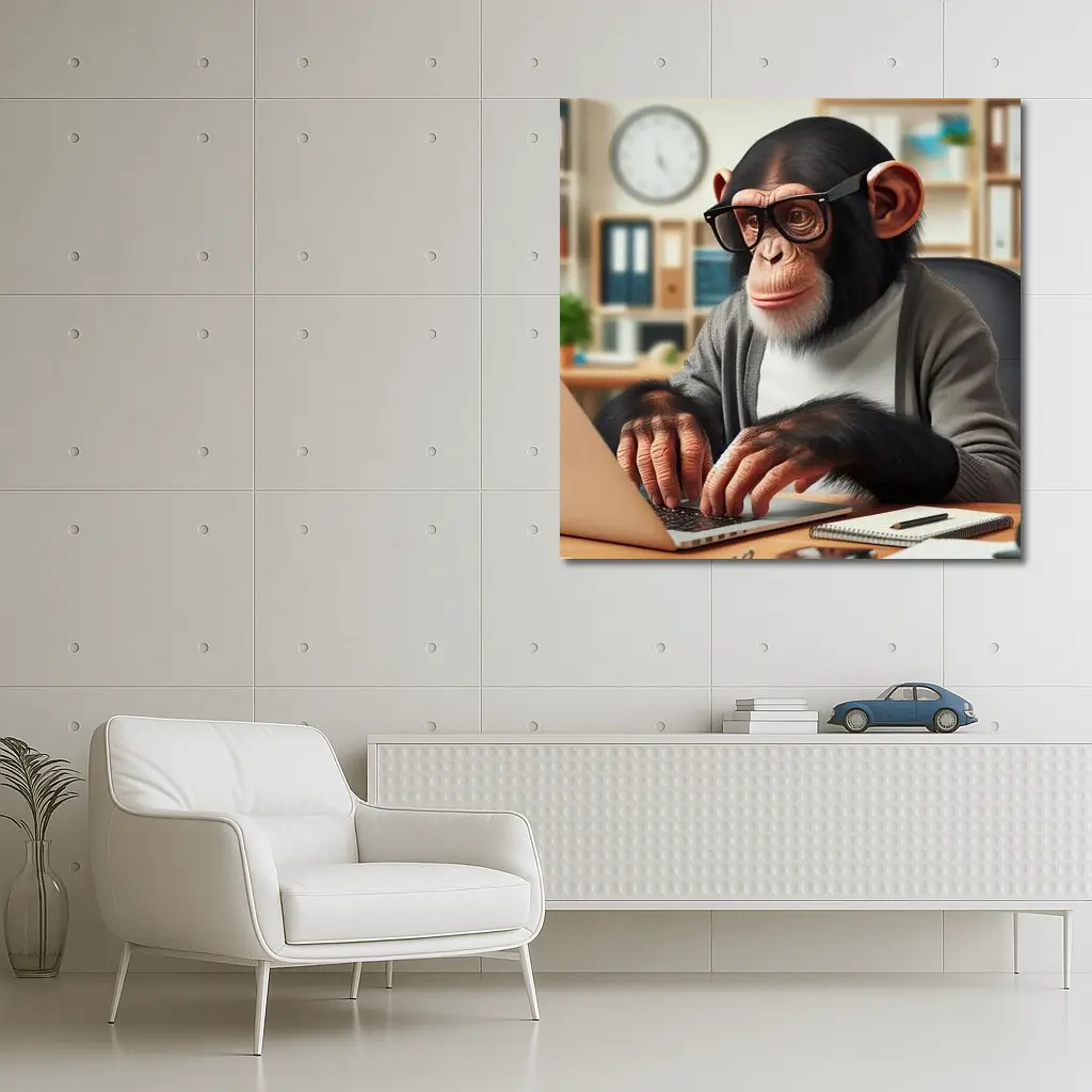 Chimpanzee Working on Laptop Office Setting – Wall Art