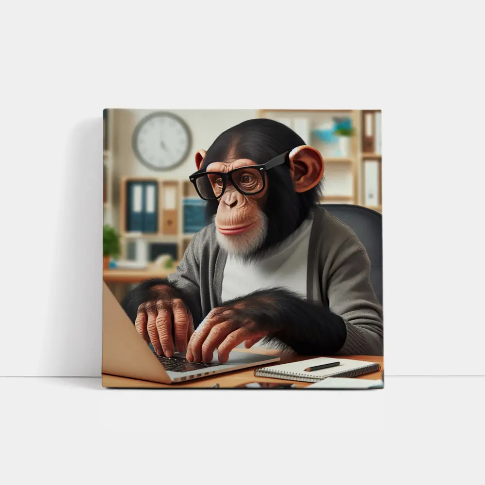 Chimpanzee Working on Laptop Office Setting – Wall Art