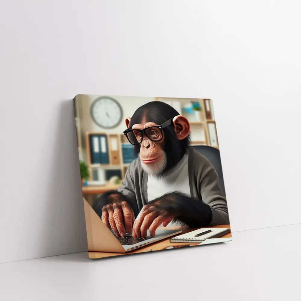 Chimpanzee Working on Laptop Office Setting – Wall Art
