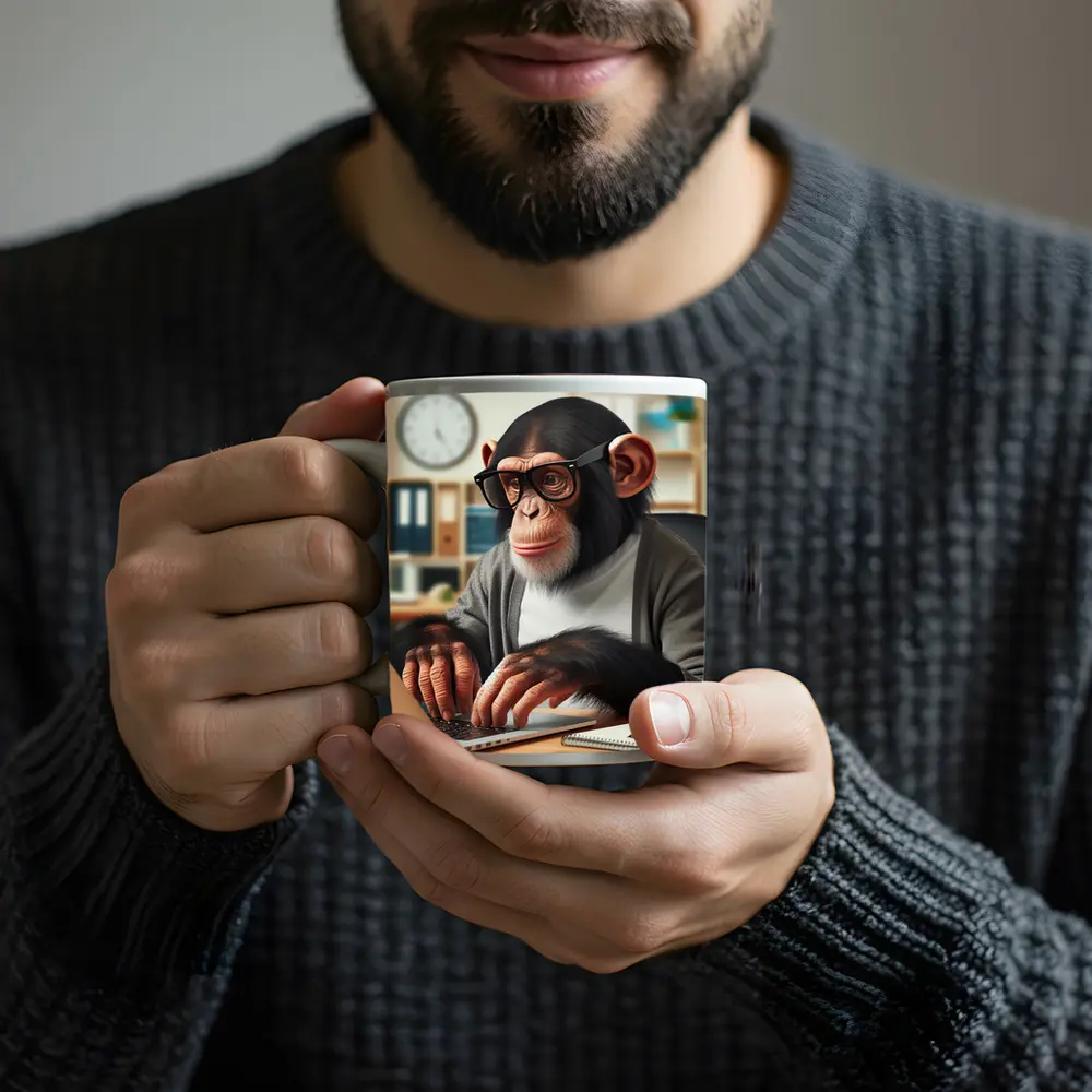 Chimpanzee Working on Laptop Office Setting – Mugs