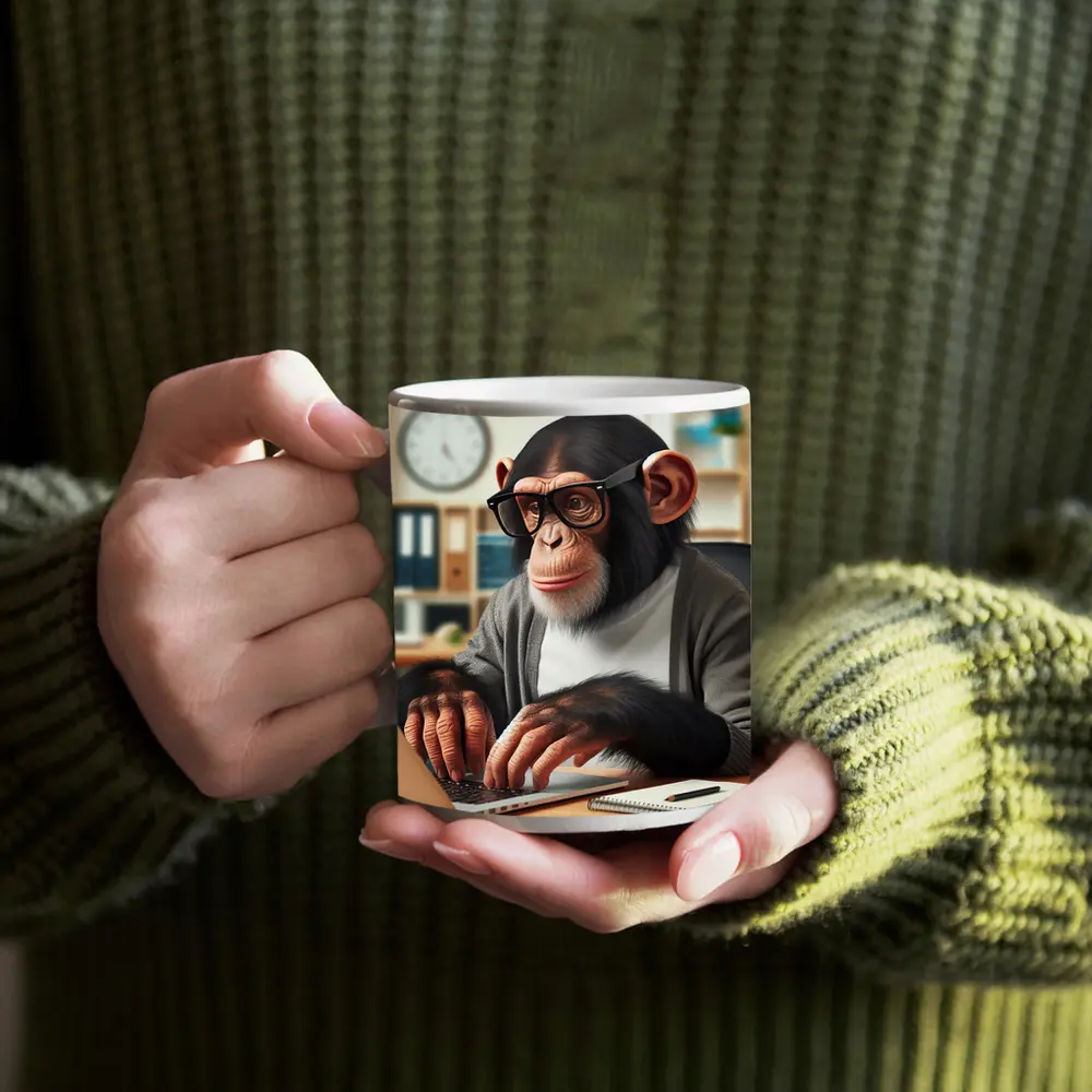 Chimpanzee Working on Laptop Office Setting – Mugs