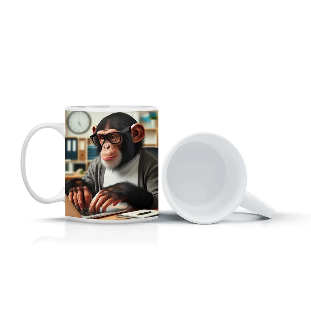 Chimpanzee Working on Laptop Office Setting – Mugs