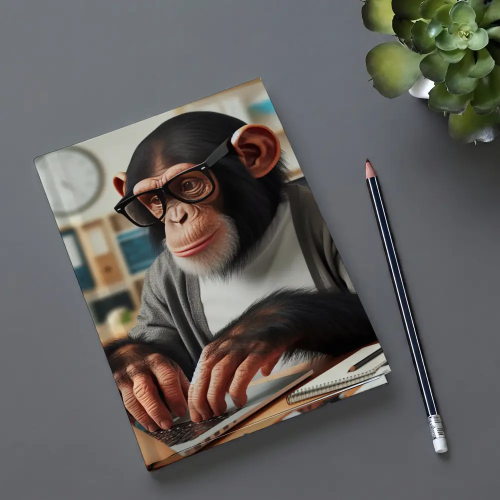 Chimpanzee Working on Laptop Office Setting – Notebooks