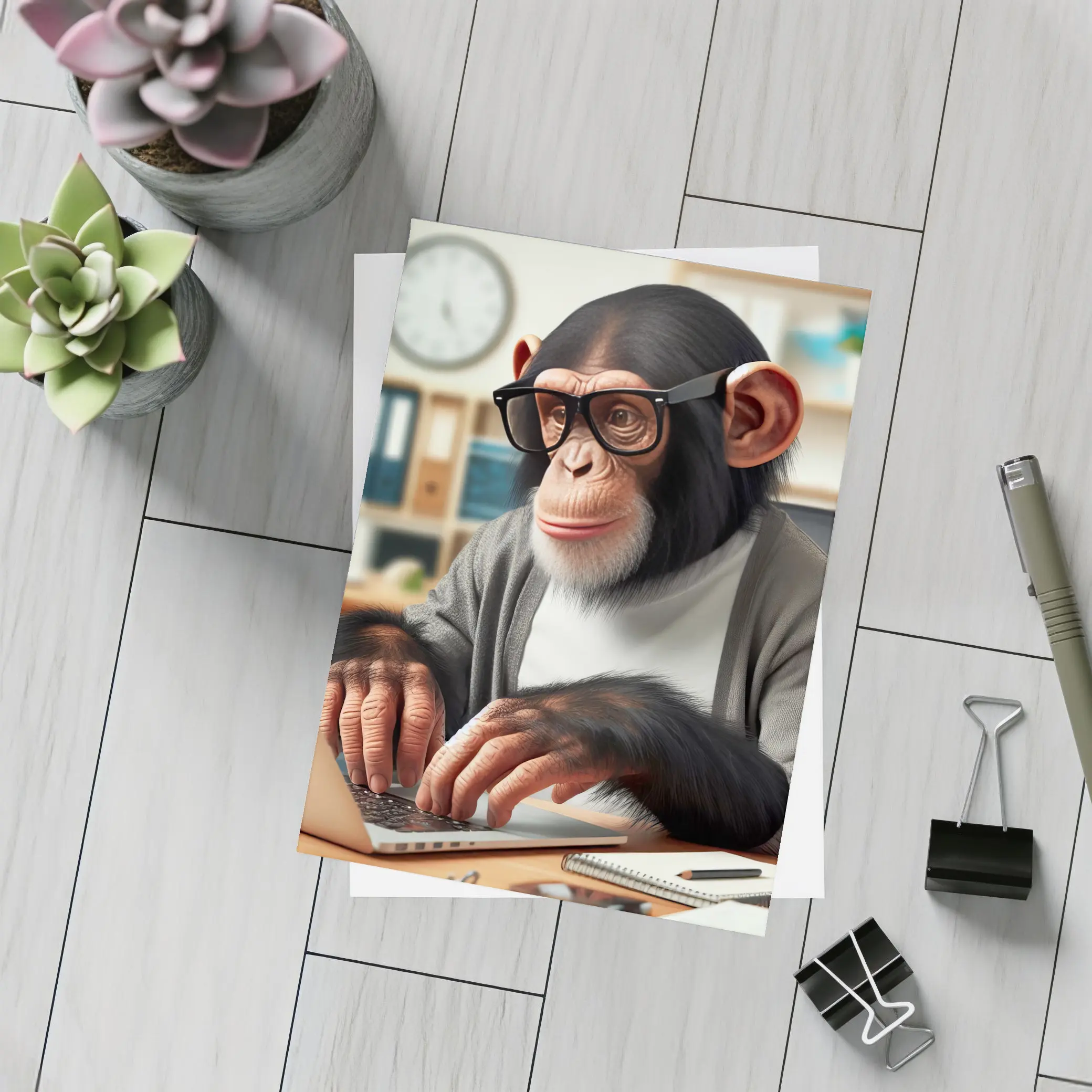 Chimpanzee Working on Laptop Office Setting – Postcards