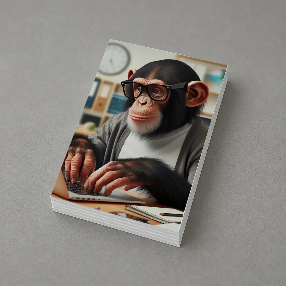 Chimpanzee Working on Laptop Office Setting – Postcards