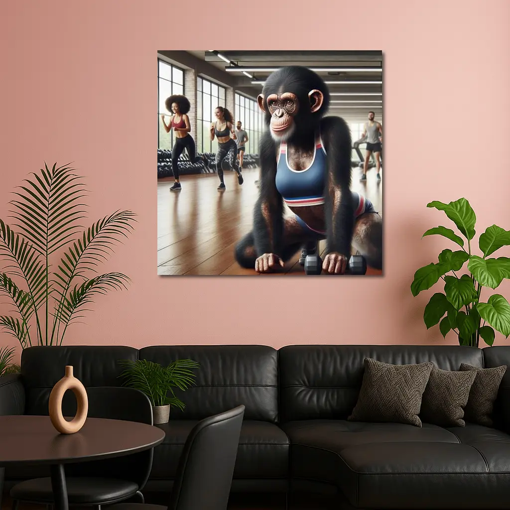 Chimpanzee Wearing Sports Bra in Gym – Wall Art
