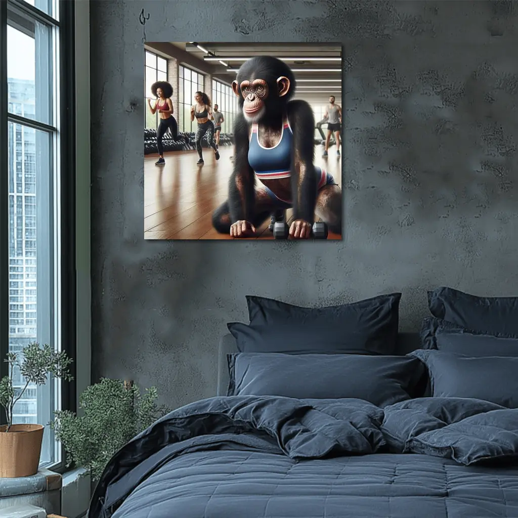 Chimpanzee Wearing Sports Bra in Gym – Wall Art