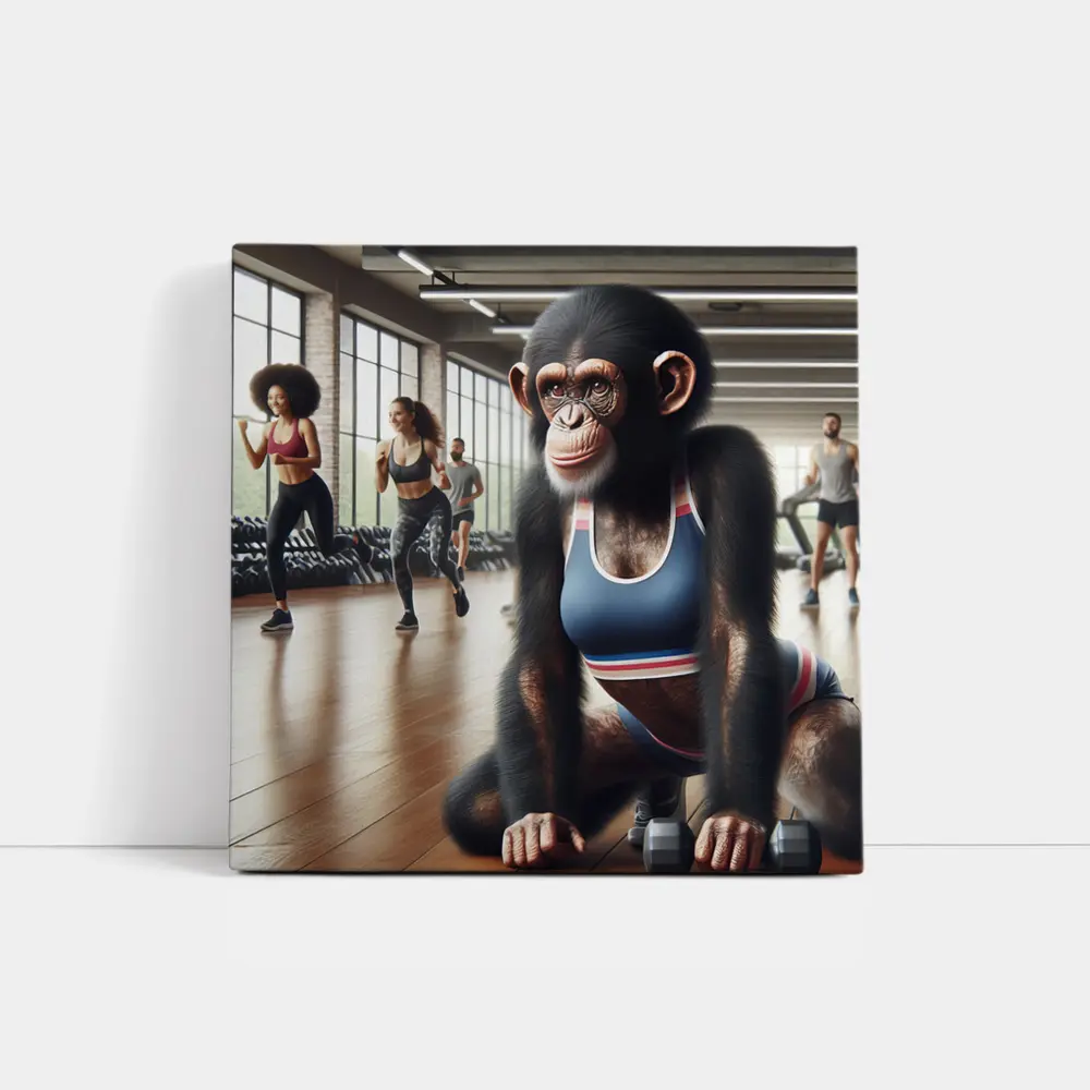 Chimpanzee Wearing Sports Bra in Gym – Wall Art