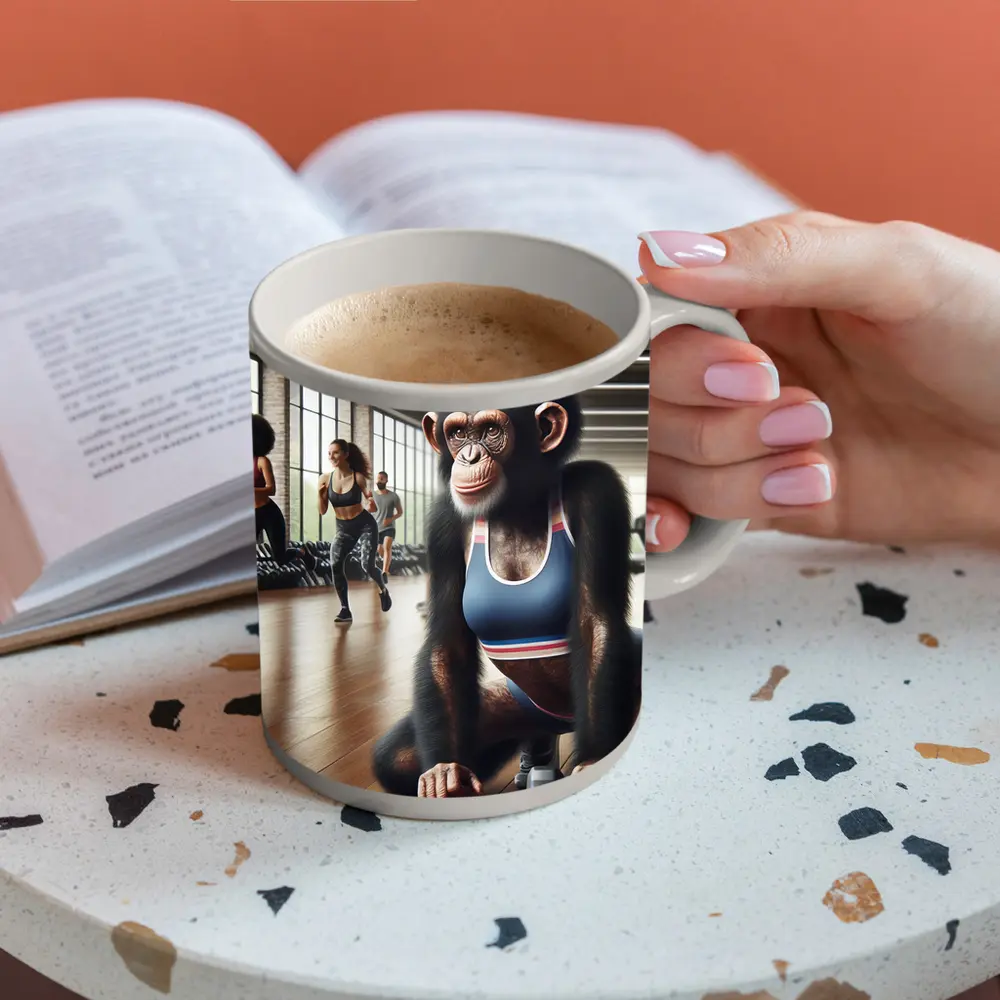 Chimpanzee Wearing Sports Bra in Gym – Mugs