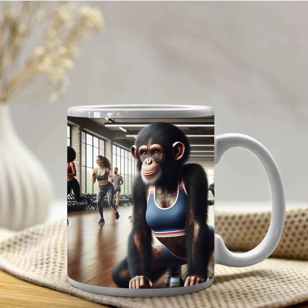 Chimpanzee Wearing Sports Bra in Gym – Mugs