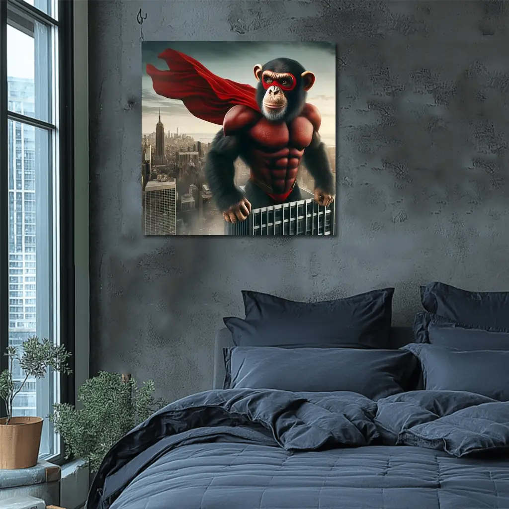 Superhero Chimp Red Cape City Skyline – Wall Art