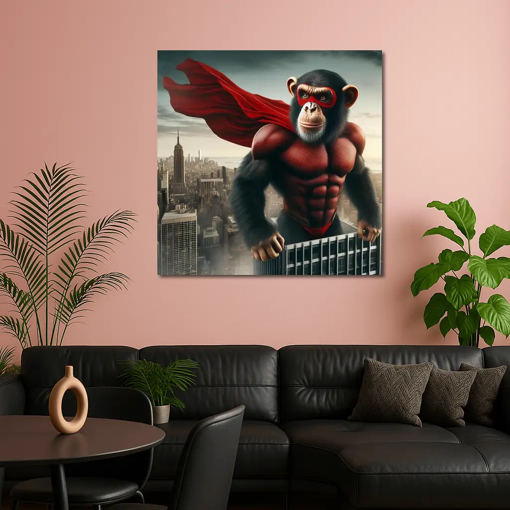 Superhero Chimp Red Cape City Skyline – Wall Art