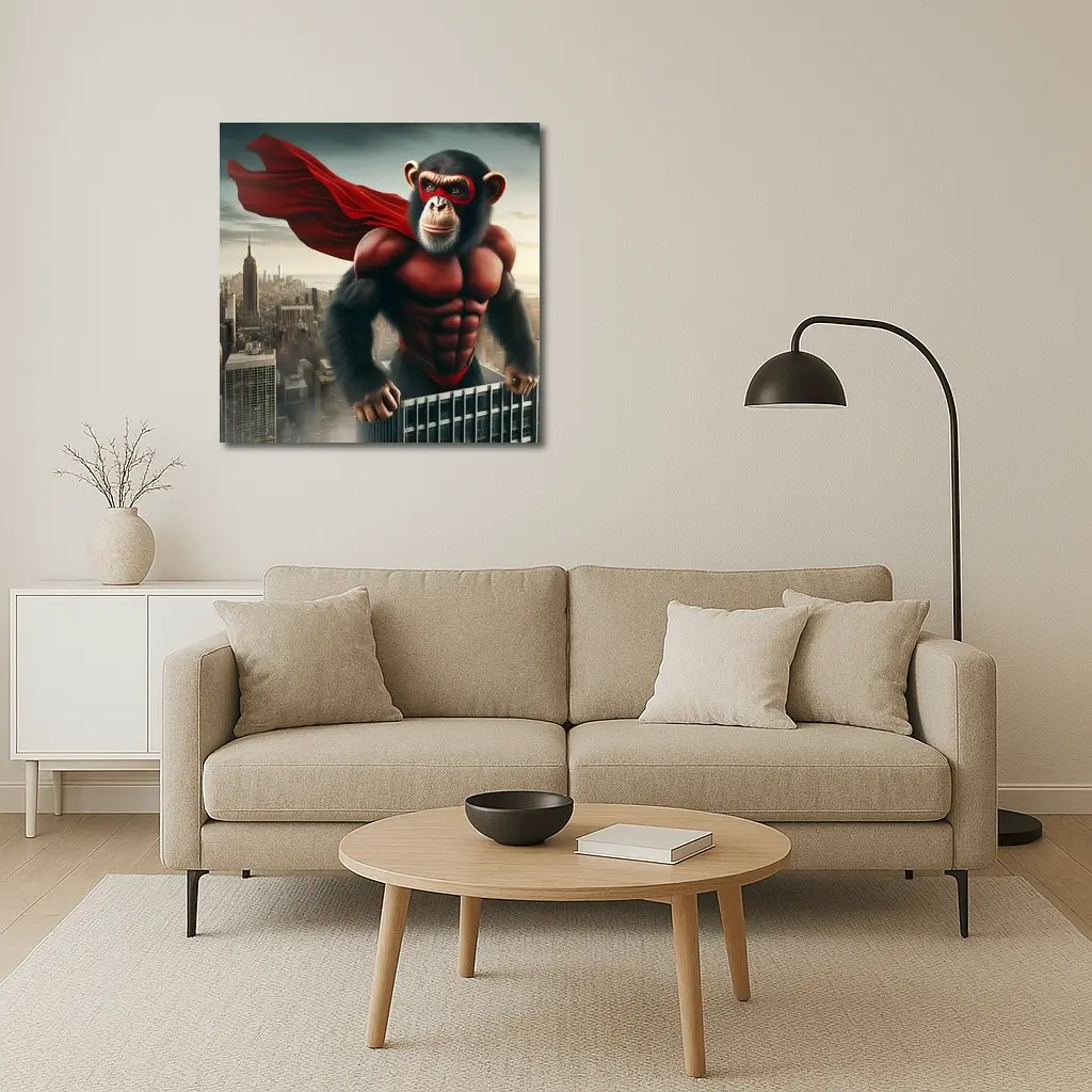 Superhero Chimp Red Cape City Skyline – Wall Art