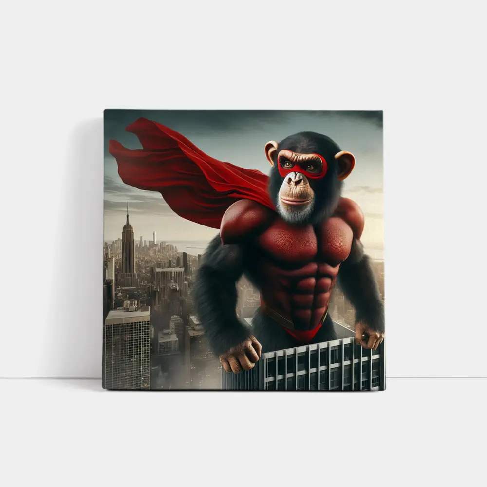 Superhero Chimp Red Cape City Skyline – Wall Art