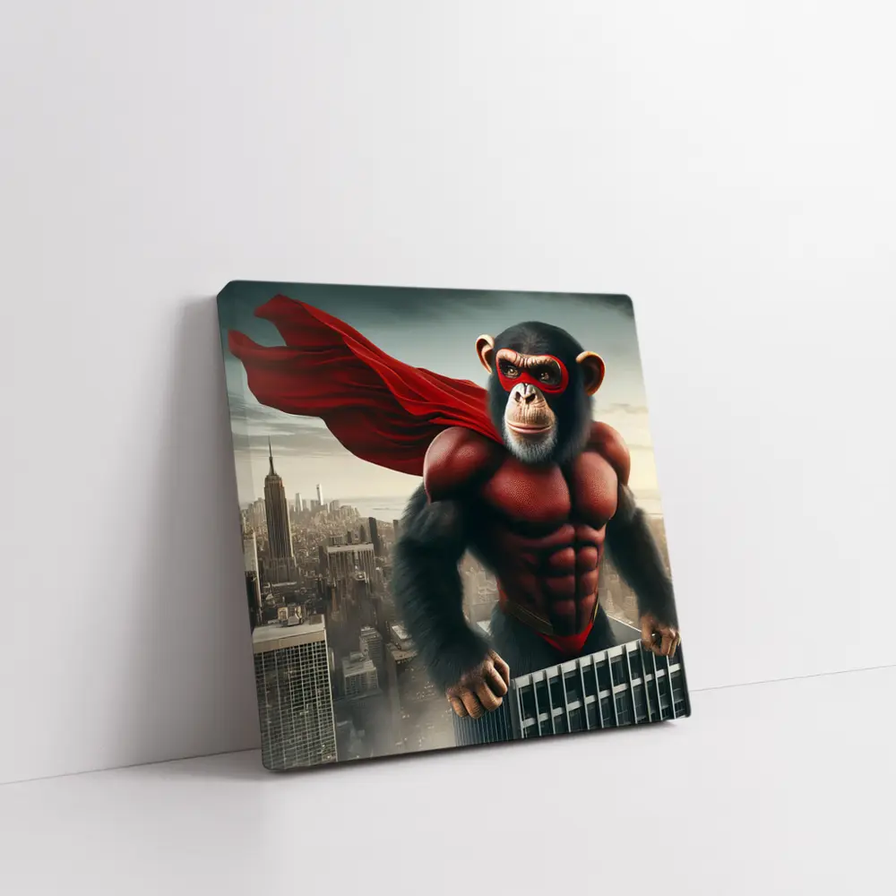 Superhero Chimp Red Cape City Skyline – Wall Art
