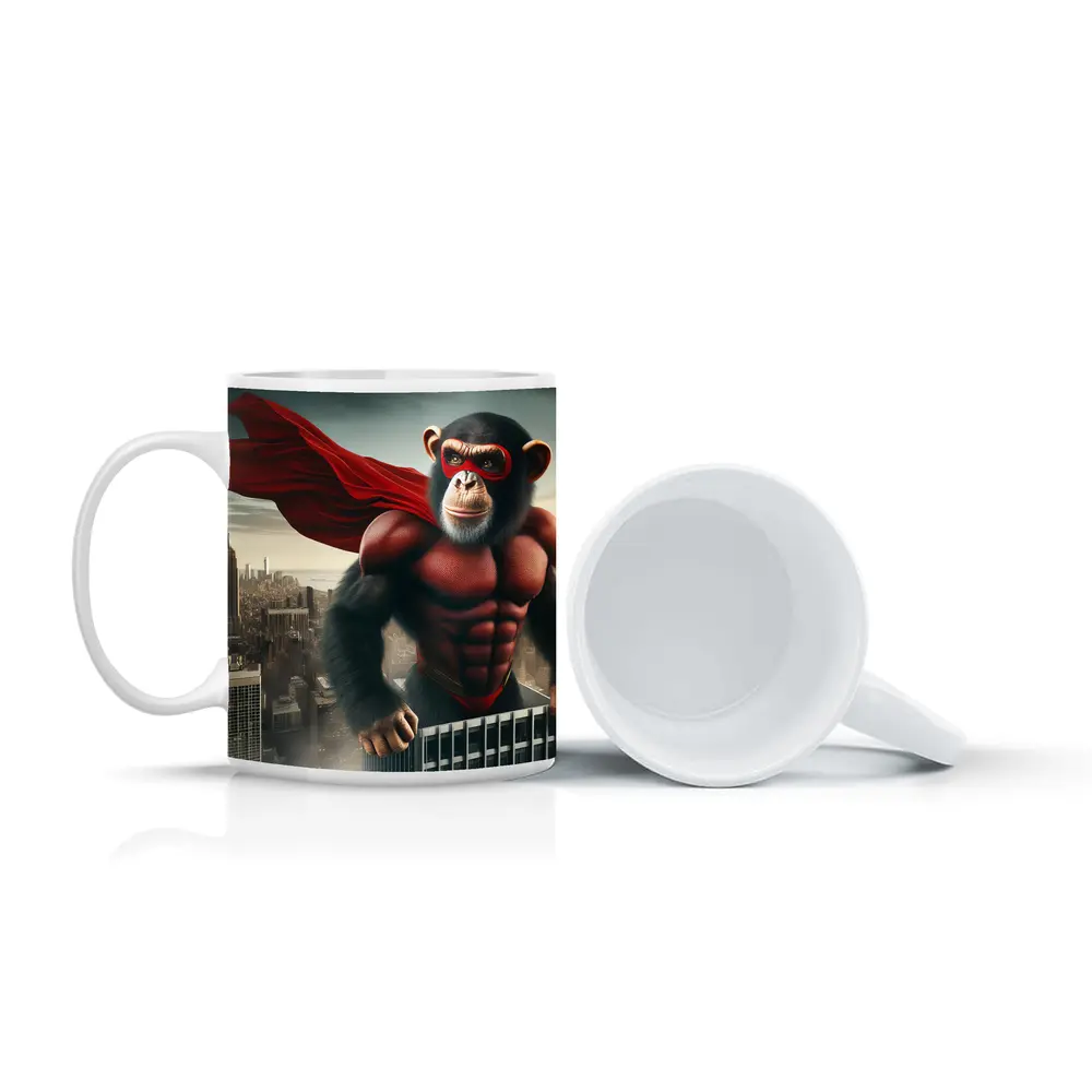Superhero Chimp Red Cape City Skyline – Mugs