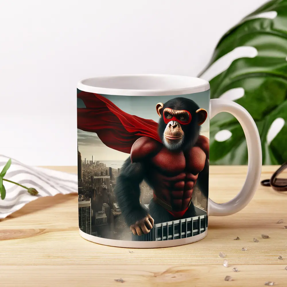 Superhero Chimp Red Cape City Skyline – Mugs