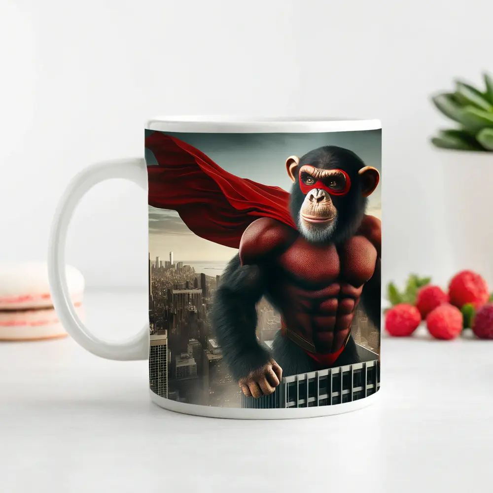 Superhero Chimp Red Cape City Skyline – Mugs
