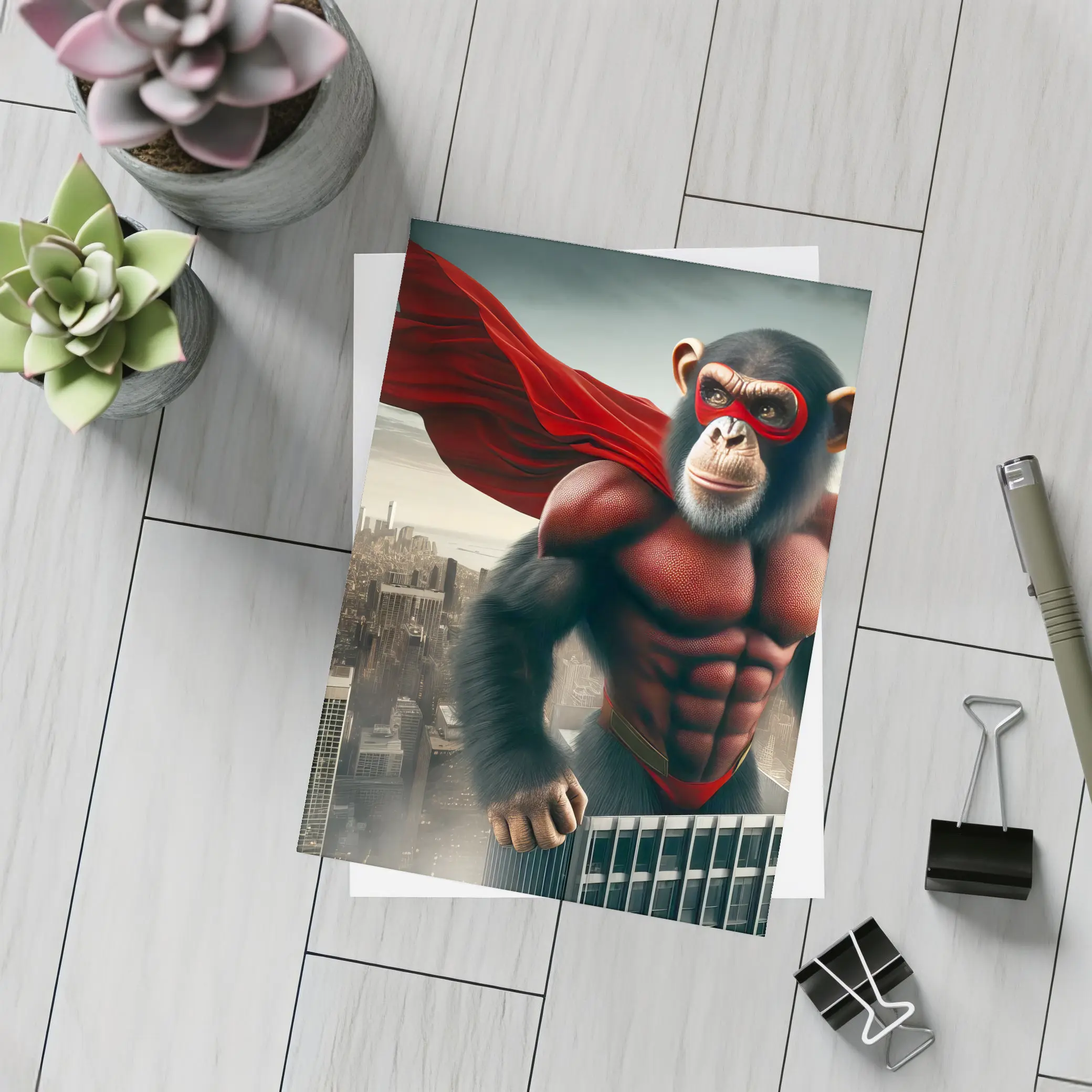 Superhero Chimp Red Cape City Skyline – Postcards