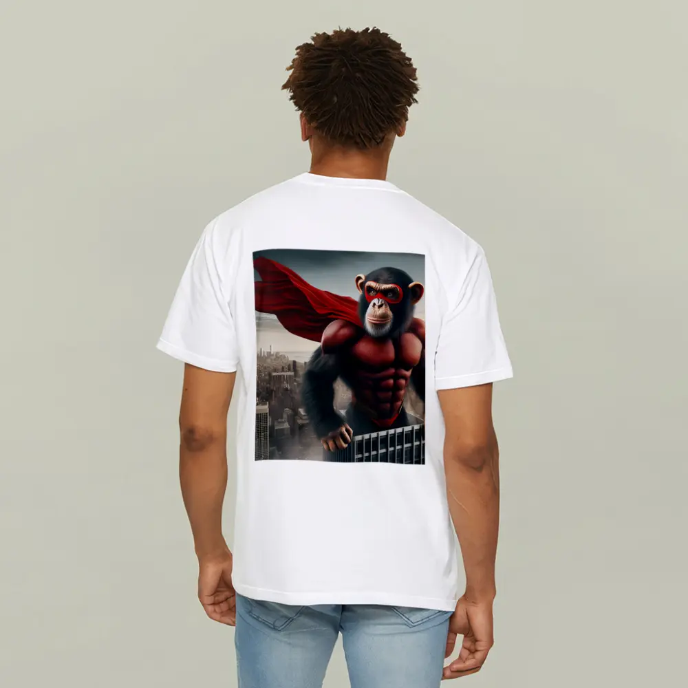 Superhero Chimp Red Cape City Skyline – T-Shirts