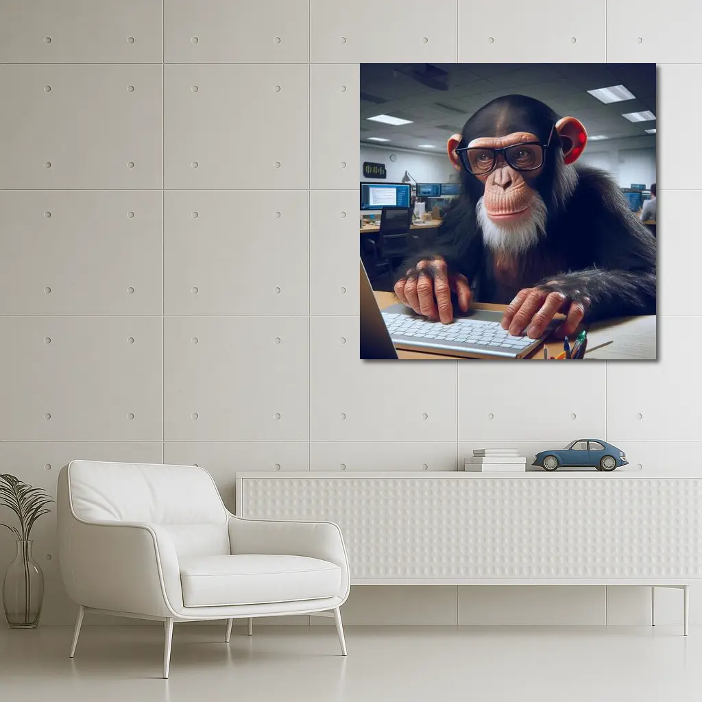 Chimpanzee With Glasses Working Office Desk – Wall Art