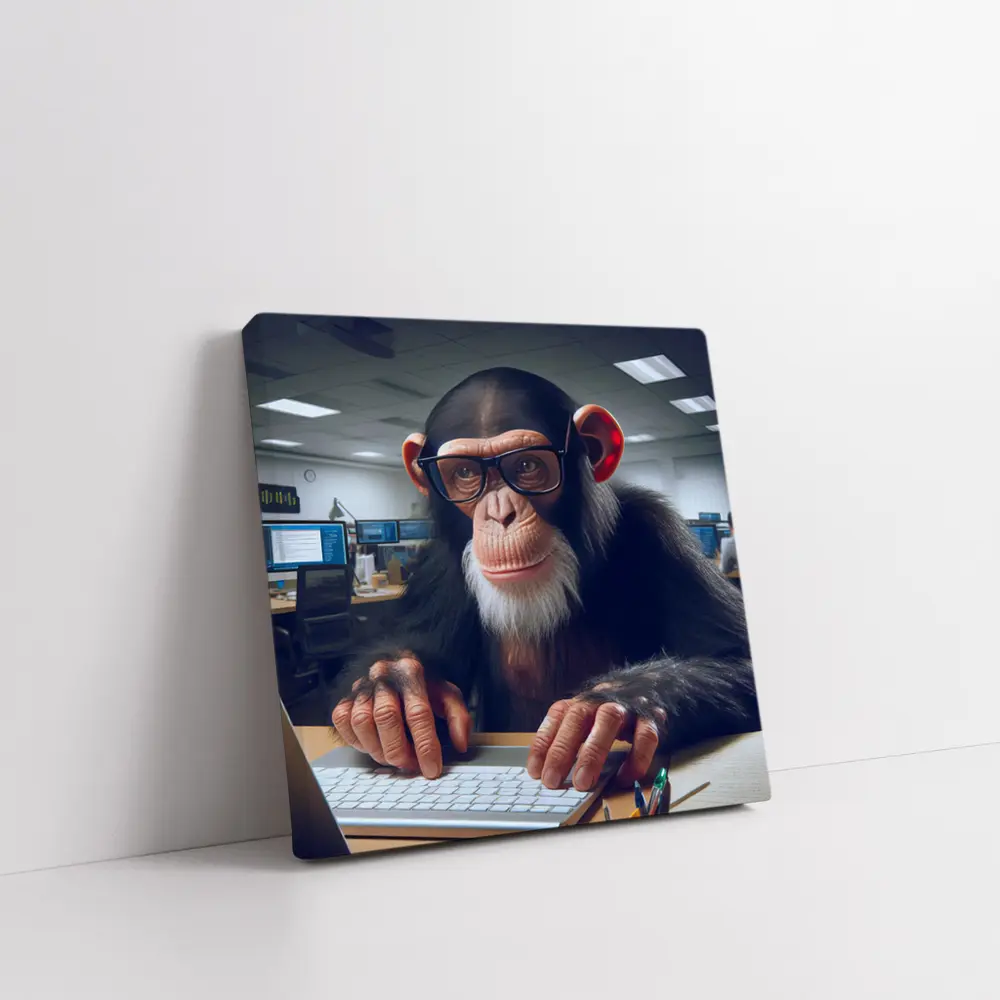 Chimpanzee With Glasses Working Office Desk – Wall Art