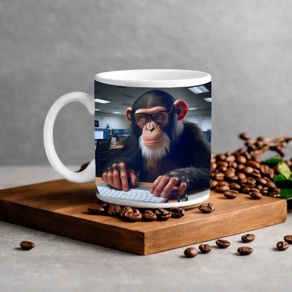Chimpanzee With Glasses Working Office Desk – Mugs
