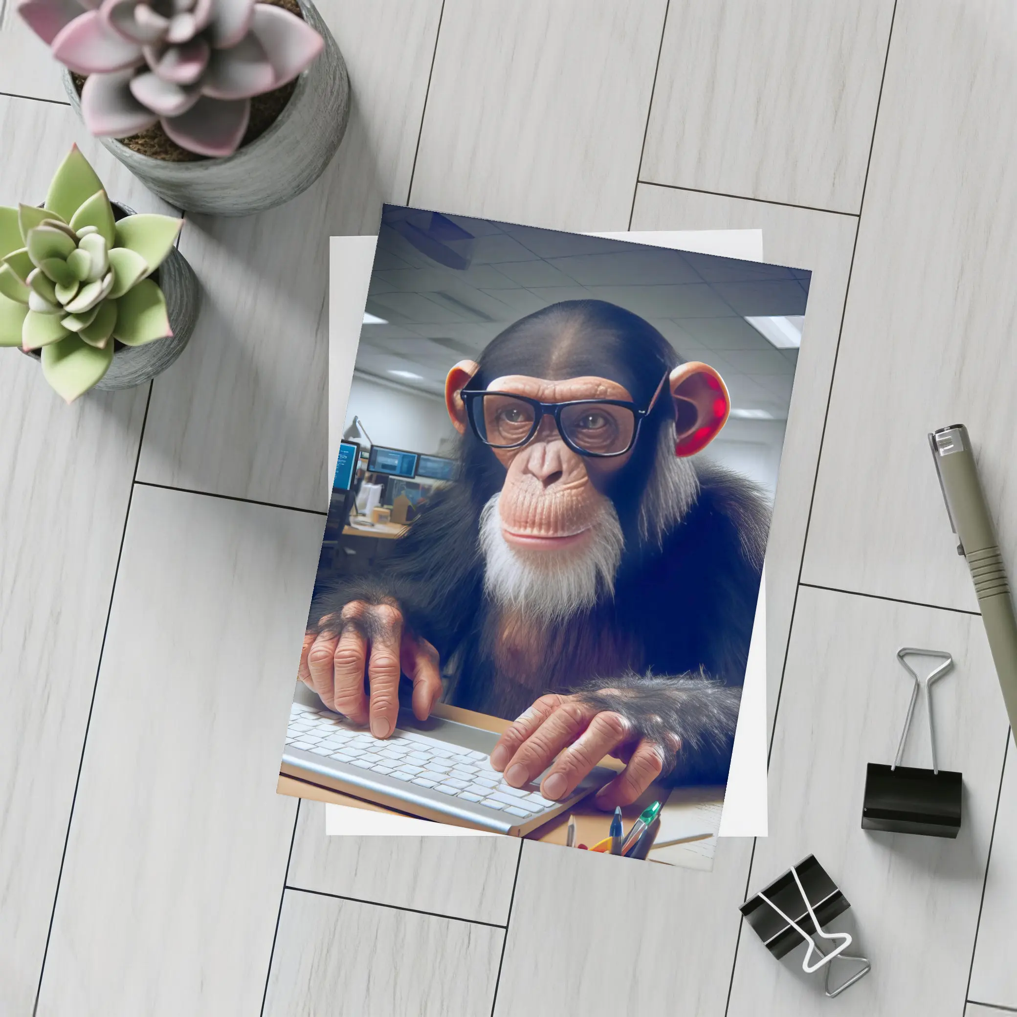 Chimpanzee With Glasses Working Office Desk – Postcards