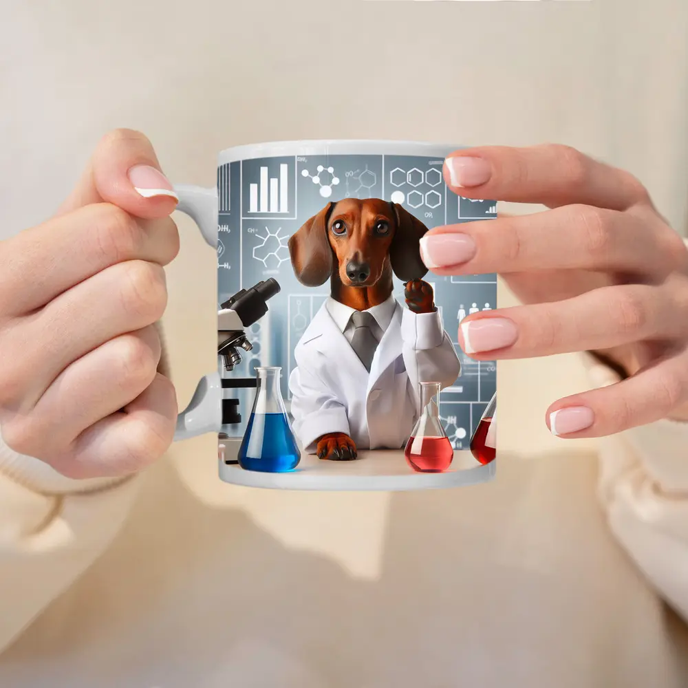 Dachshund Scientist Lab Coat Chemistry Background – Mugs