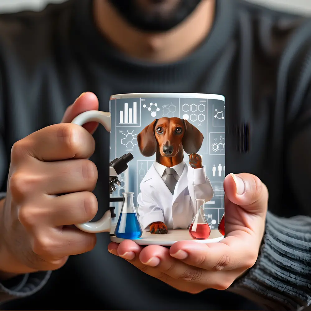 Dachshund Scientist Lab Coat Chemistry Background – Mugs