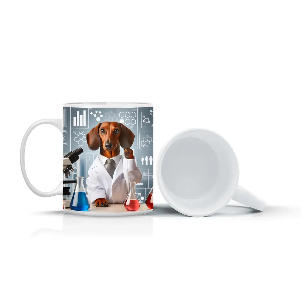 Dachshund Scientist Lab Coat Chemistry Background – Mugs