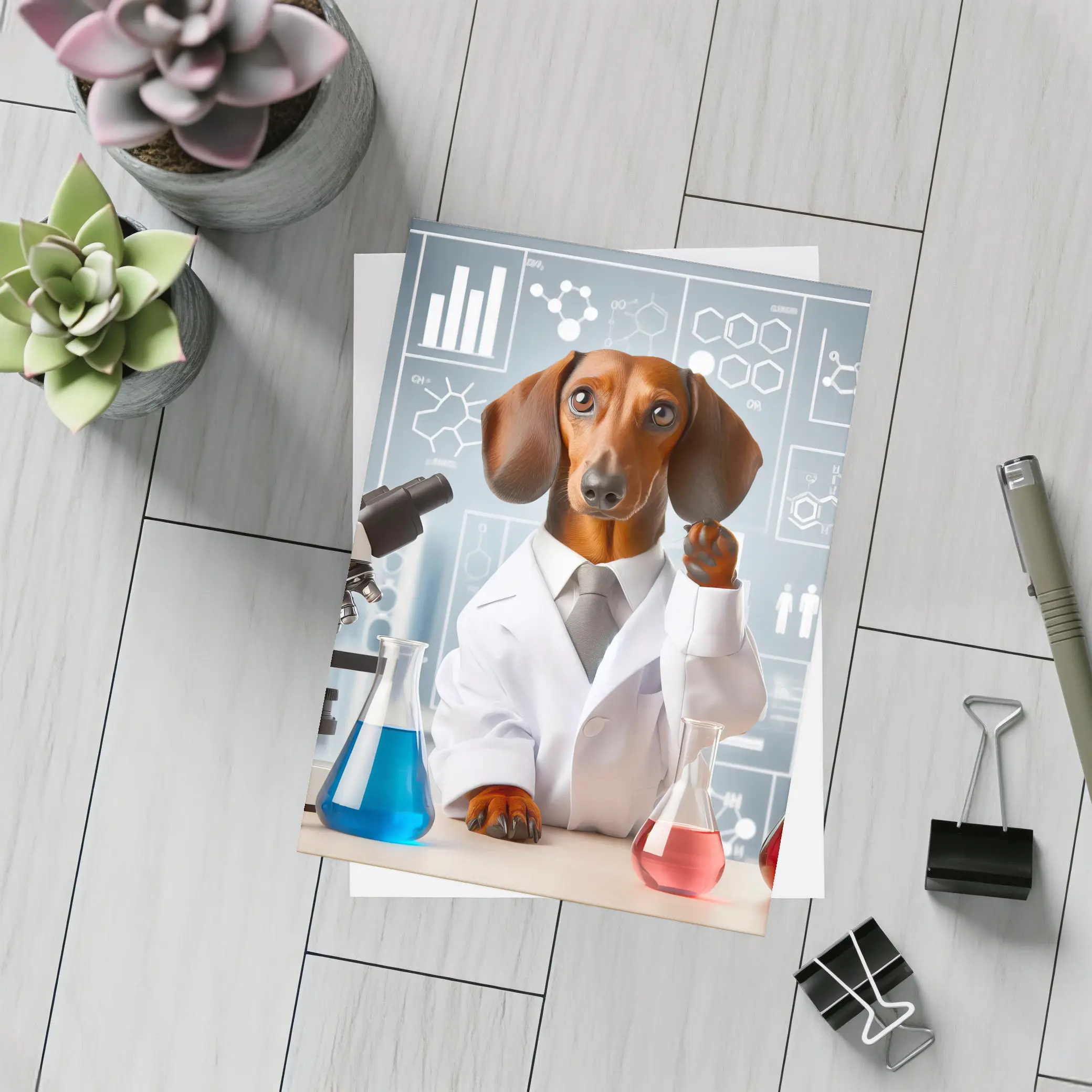 Dachshund Scientist Lab Coat Chemistry Background – Postcards