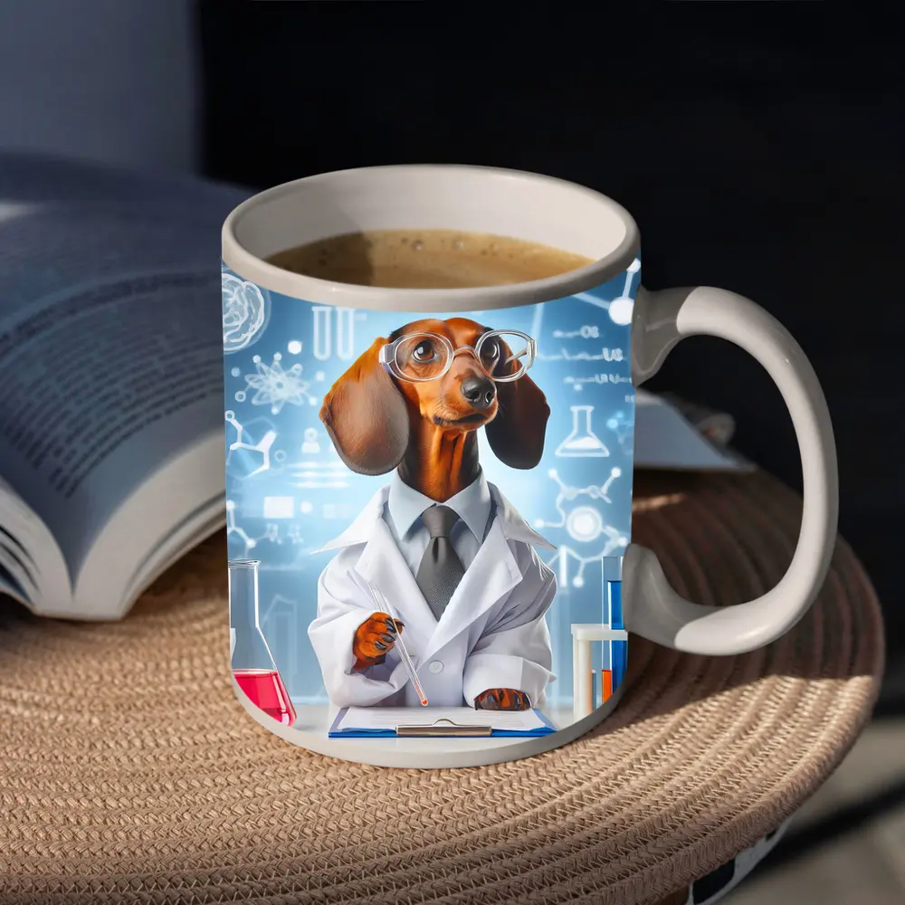 Dachshund Scientist Lab Coat Science Background – Mugs