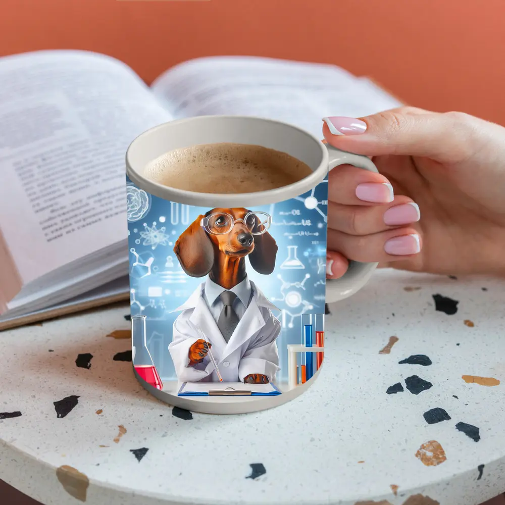 Dachshund Scientist Lab Coat Science Background – Mugs