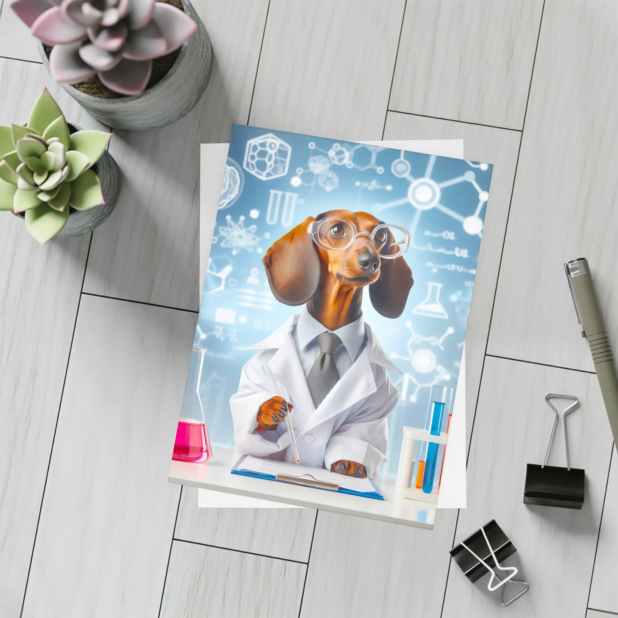 Dachshund Scientist Lab Coat Science Background – Postcards