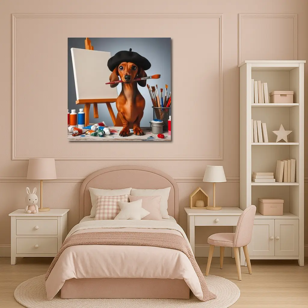 Dachshund Artist Beret Paintbrush Studio Art – Wall Art