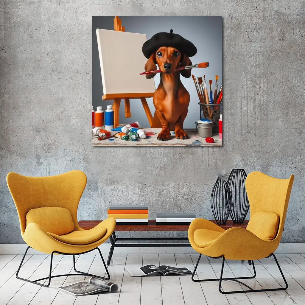 Dachshund Artist Beret Paintbrush Studio Art – Wall Art