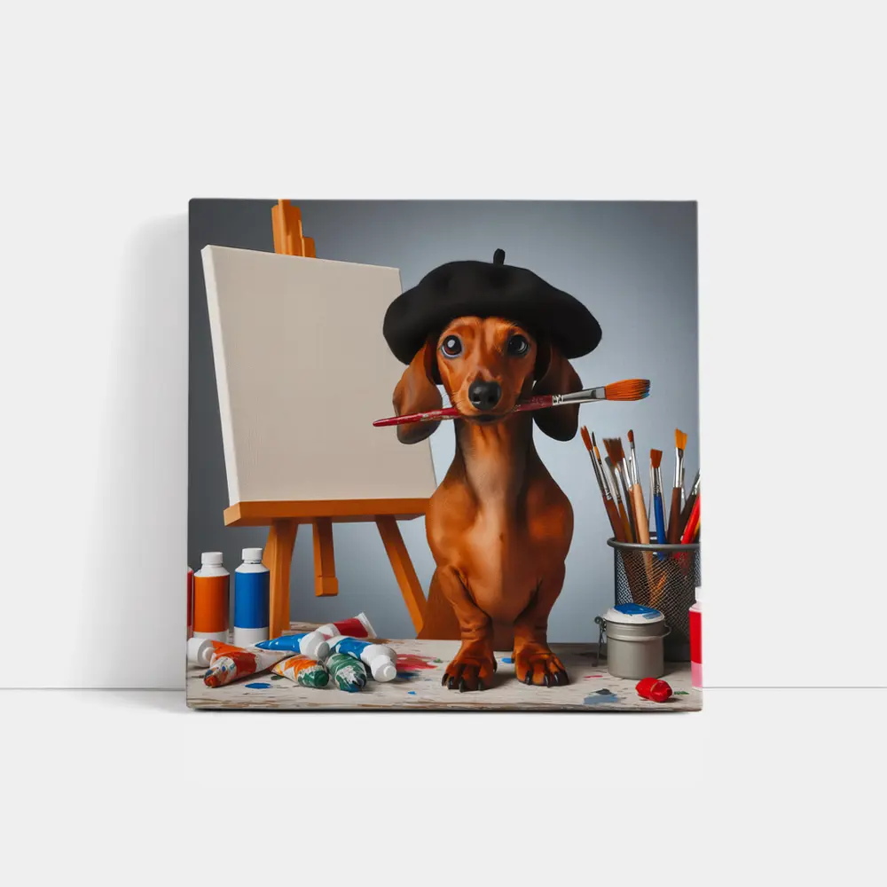 Dachshund Artist Beret Paintbrush Studio Art – Wall Art