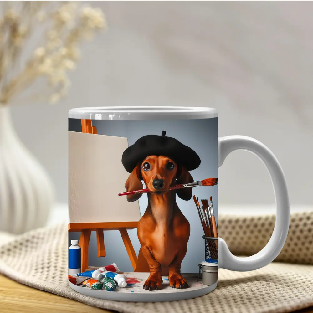 Dachshund Artist Beret Paintbrush Studio Art – Mugs