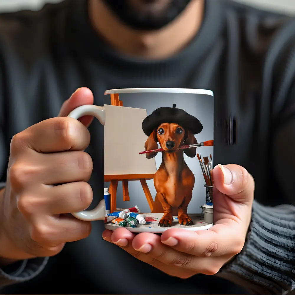 Dachshund Artist Beret Paintbrush Studio Art – Mugs