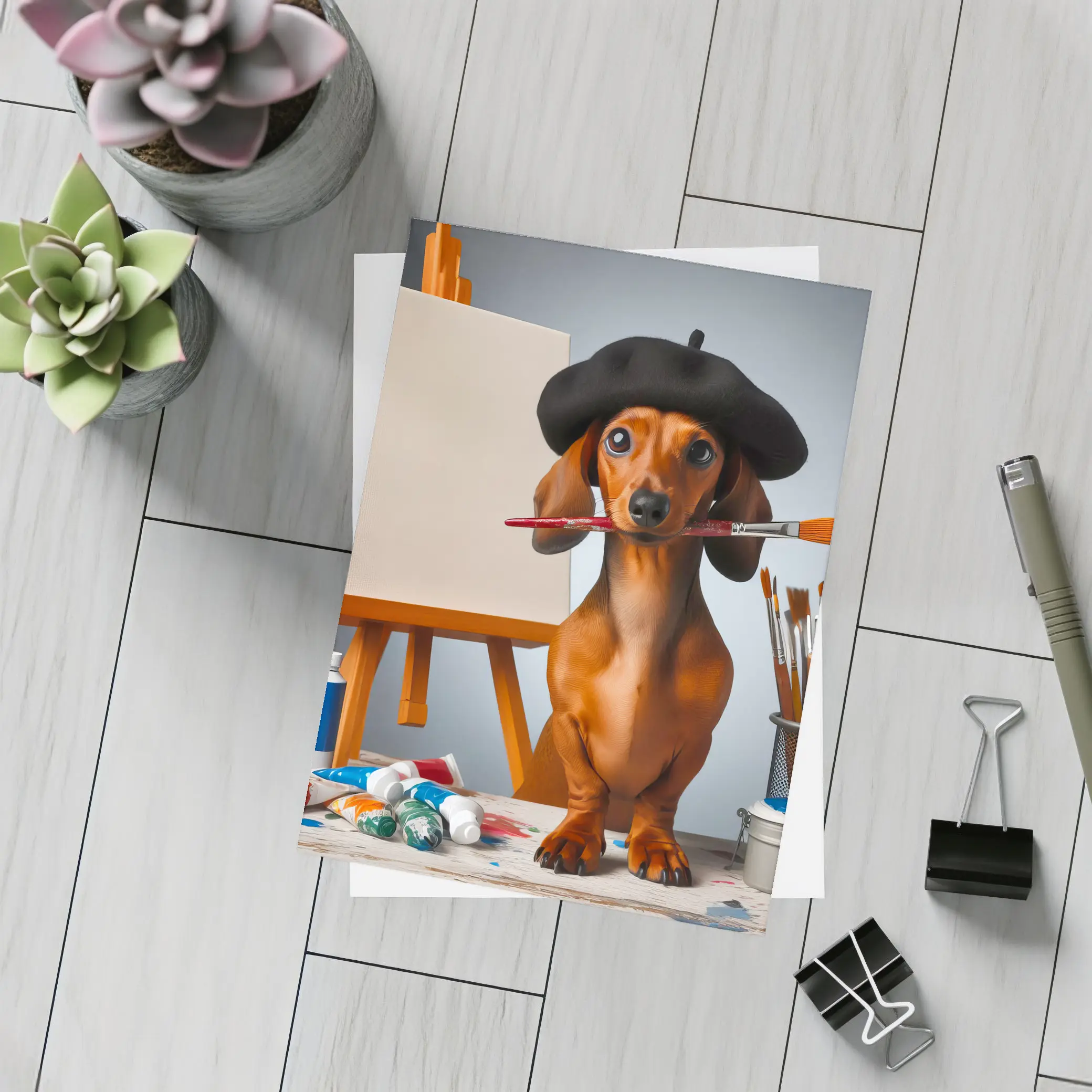 Dachshund Artist Beret Paintbrush Studio Art – Postcards