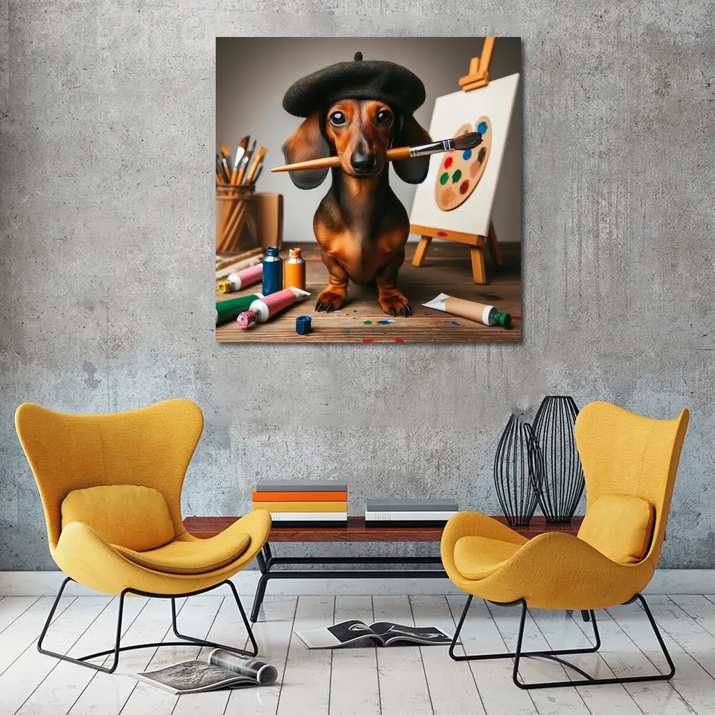 Dachshund Artist Wearing Beret With Paintbrush – Wall Art
