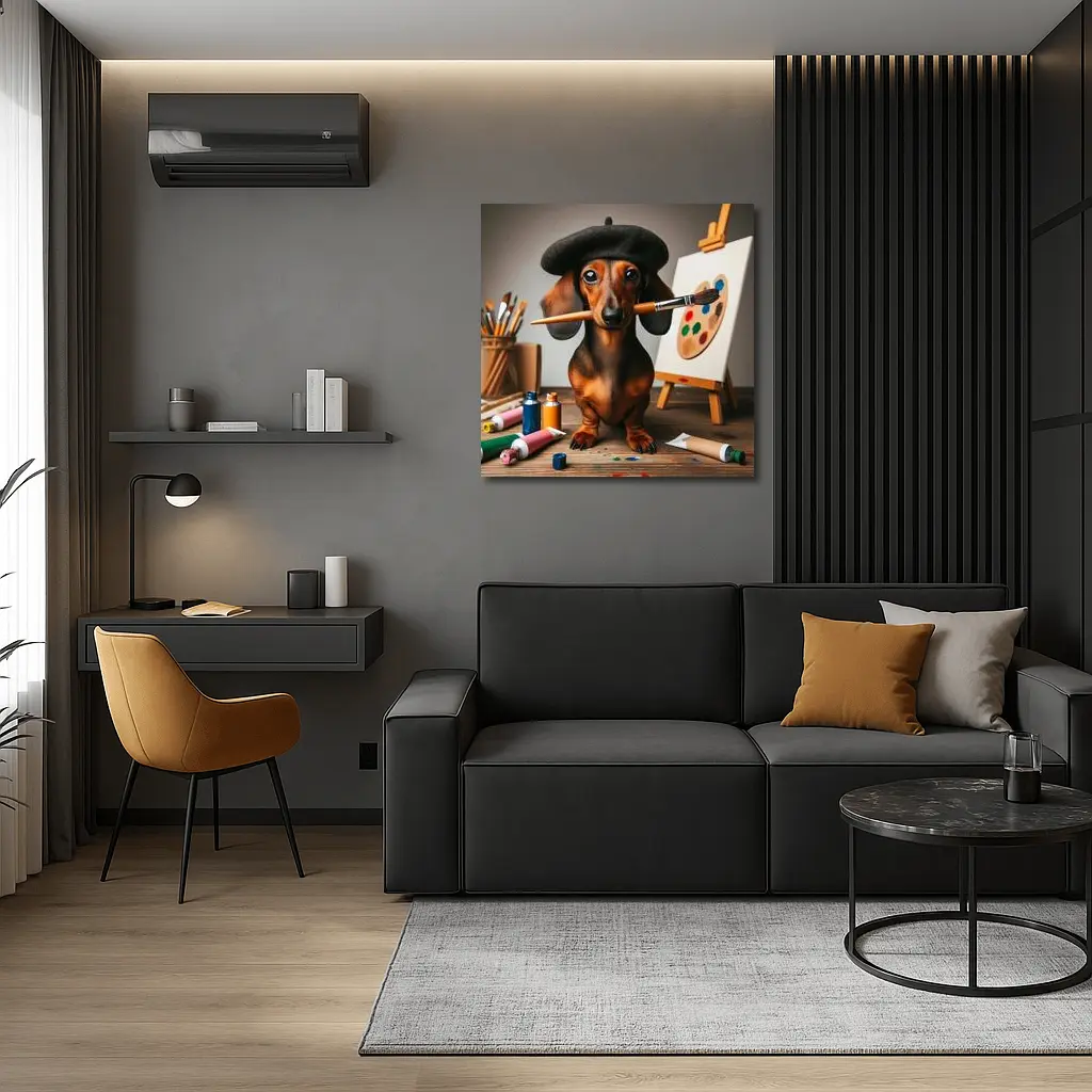 Dachshund Artist Wearing Beret With Paintbrush – Wall Art