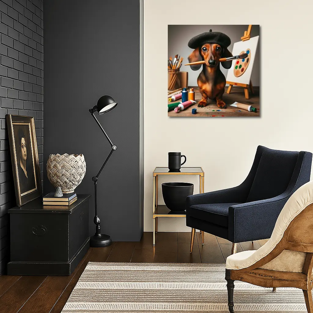 Dachshund Artist Wearing Beret With Paintbrush – Wall Art