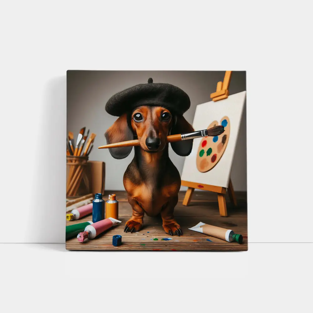Dachshund Artist Wearing Beret With Paintbrush – Wall Art