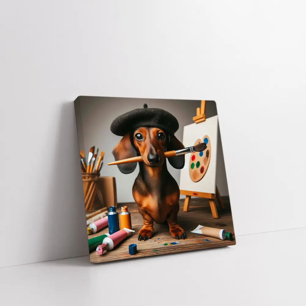 Dachshund Artist Wearing Beret With Paintbrush – Wall Art