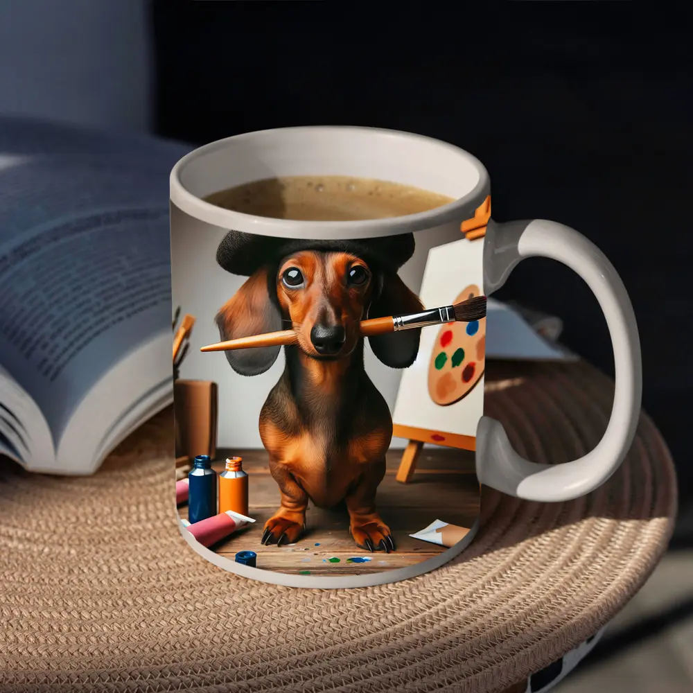 Dachshund Artist Wearing Beret With Paintbrush – Mugs