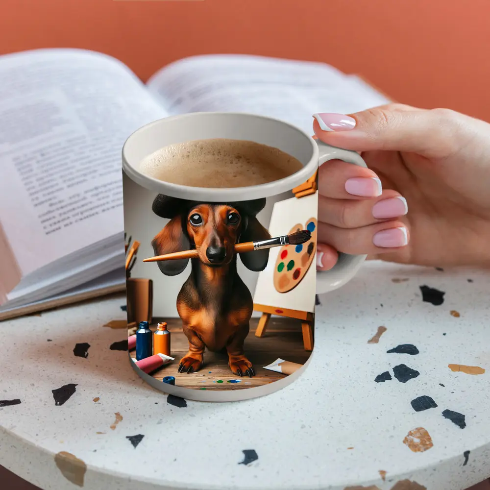 Dachshund Artist Wearing Beret With Paintbrush – Mugs