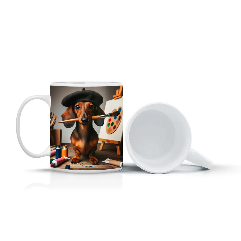 Dachshund Artist Wearing Beret With Paintbrush – Mugs